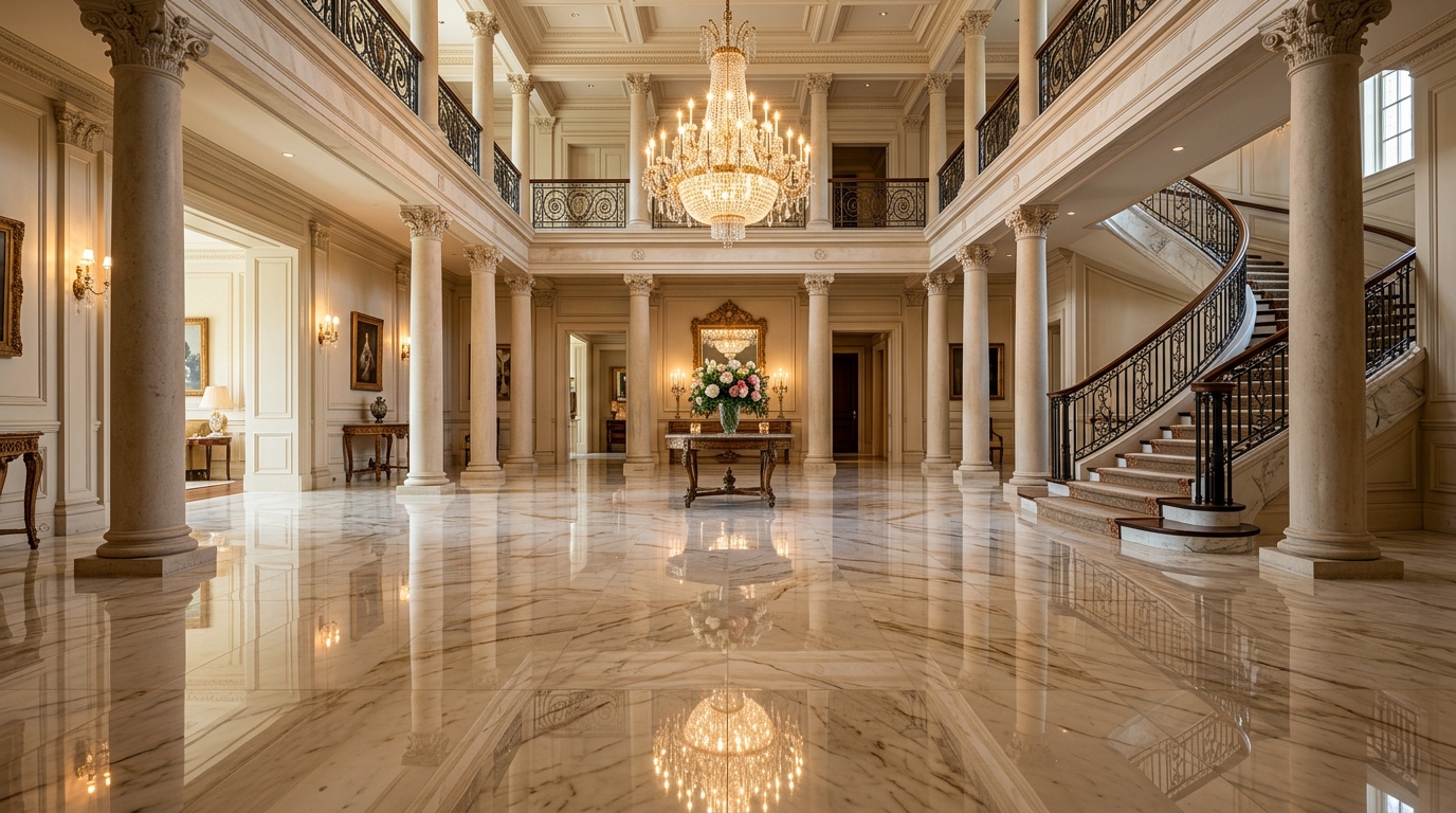 Luxury grand foyer with mirror polished Calacatta marble floor