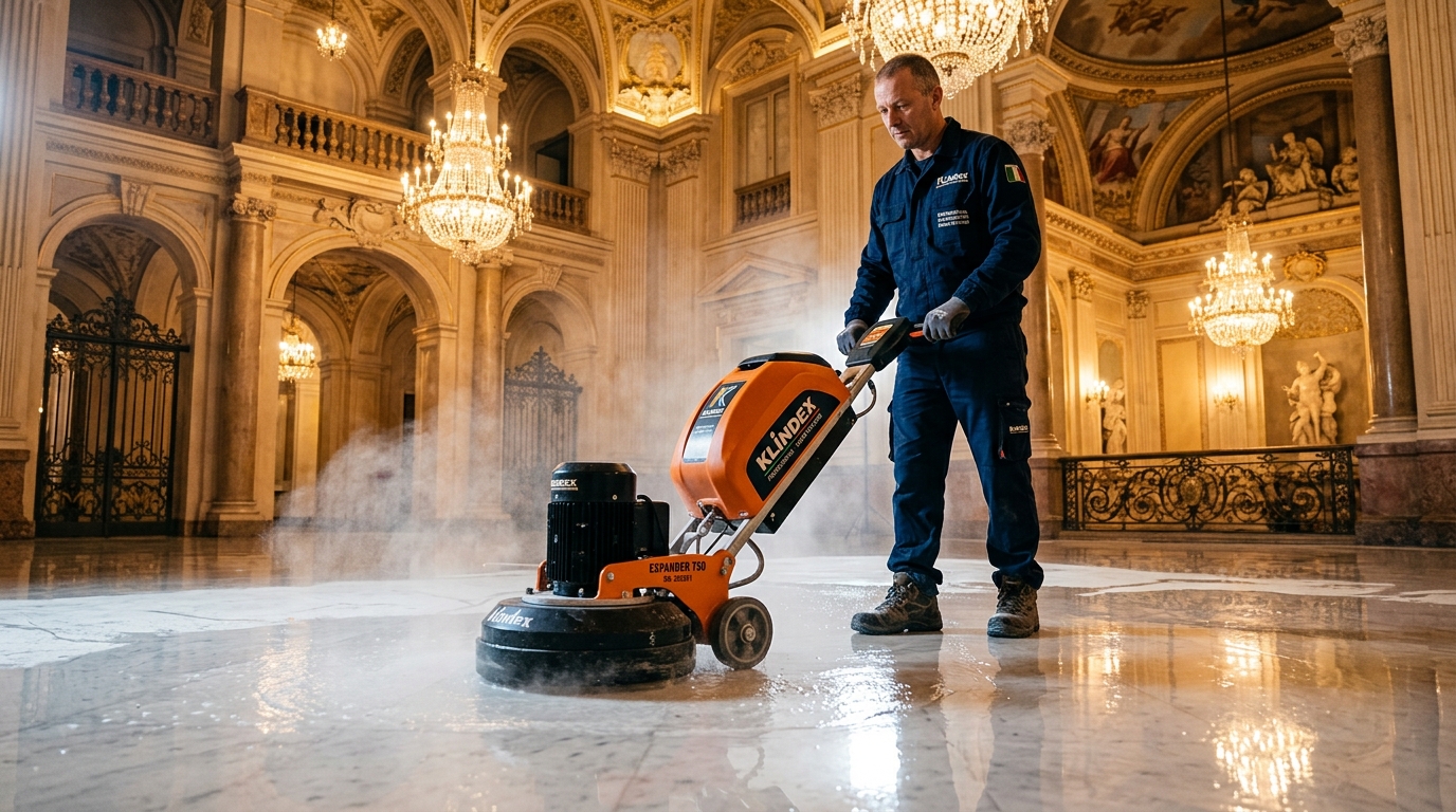 Professional marble polishing in progress