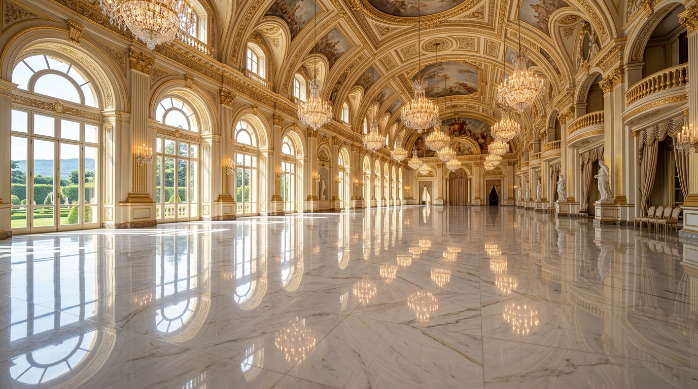 Ultra-luxurious grand hall with brilliant mirror-polished Italian Statuario marble floor reflecting crystal chandeliers